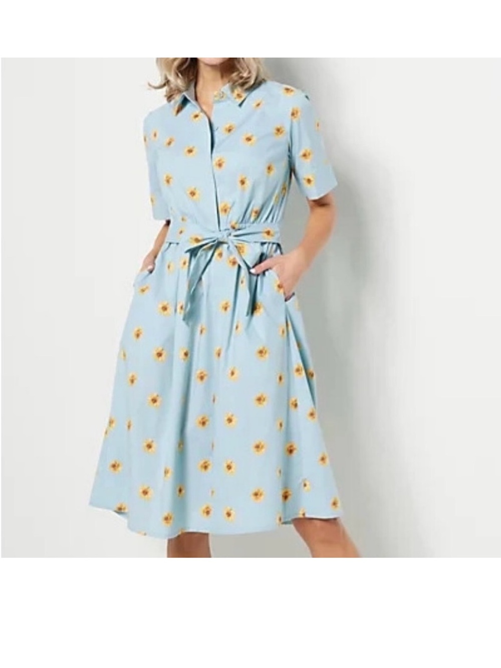 Jason Wu Light Blue Sunflower-Print Midi Shirtdress-Size 4X